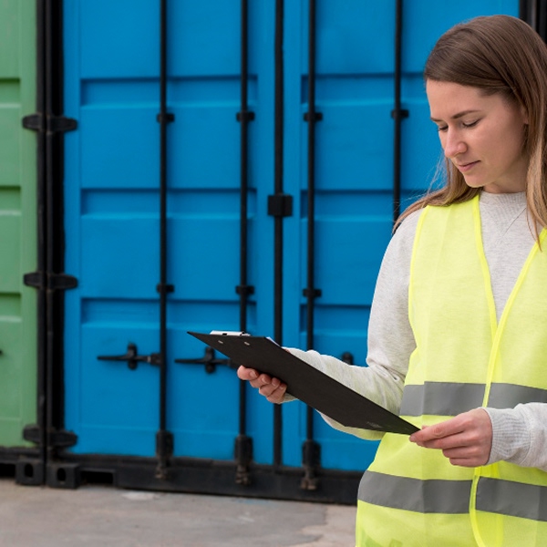 Agente en gilet de sécurité consultant un presse-papiers devant des conteneurs bleus pour évaluer la qualité d'un fournisseur