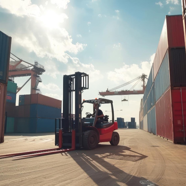 Chariot élévateur manœuvrant entre des conteneurs empilés lors d'une livraison et installation à Trois-Rivières