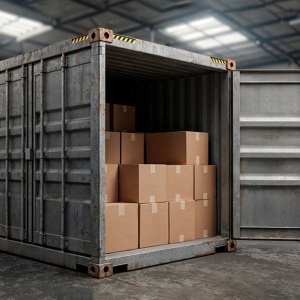 Conteneur métallique ouvert rempli de boîtes en carton illustrant l'importance des dimensions pour le stockage