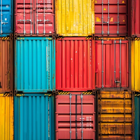 Mur de conteneurs multicolores empilés illustrant la robustesse et la polyvalence des conteneurs pour l'entreposage