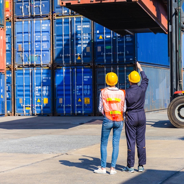 Deux techniciens en casques observant la manutention d'un conteneur par une grue pour évaluer les contraintes de choix
