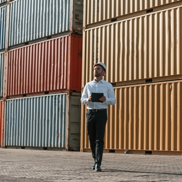 Gestionnaire en casque consultant une tablette devant des conteneurs empilés pour choisir la bonne configuration