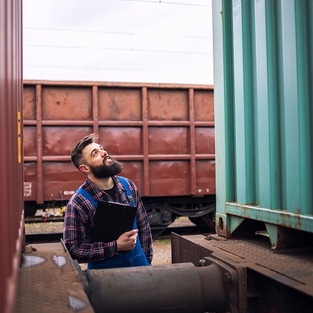 Technicien vérifiant la structure d'un conteneur métallique en conditions extérieures difficiles au Québec