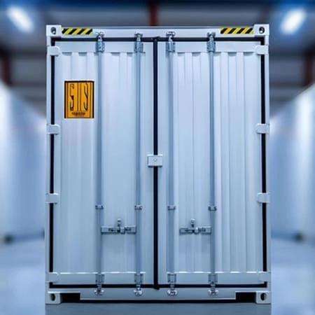 H2 Les points a verifier avant dacheter un conteneur frigorifique Un conteneur blanc à deux portes avec un autocollant jaune visible sur l'une des portes.