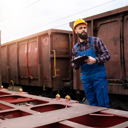 Un homme en salopette se tient à côté d'un train, regardant vers l'objectif avec un sourire.