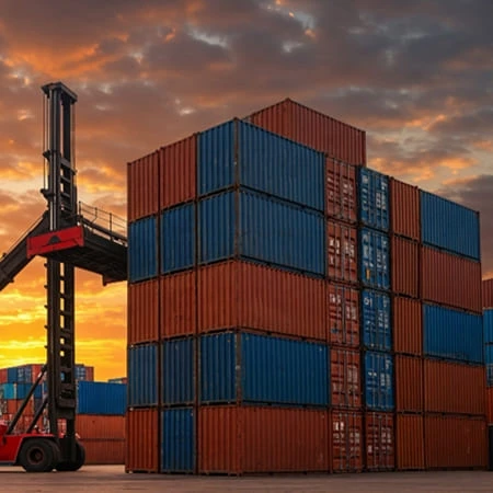 H2 Quand le standard container suffit amplement Un chariot élévateur soulève des conteneurs au coucher du soleil, créant une ambiance chaleureuse et industrielle.