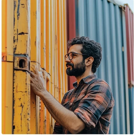 Homme barbu et portant des lunettes, appuyé contre un conteneur maritime.
