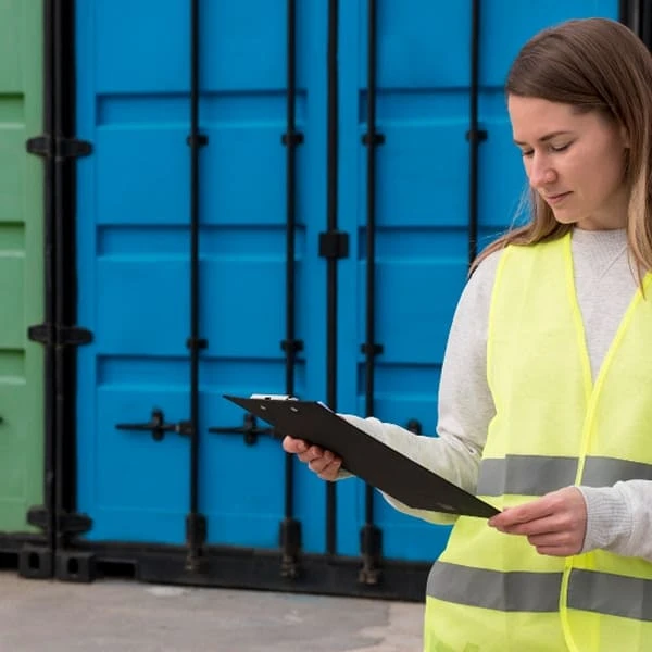 H2 Vous cherchez un conteneur inspecte au Quebec avec une vraie garantie Une femme en gilet de sécurité tient un clipboard, semblant prendre des notes sur un site de travail.