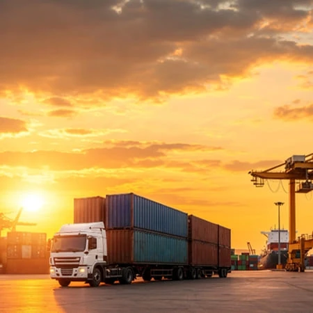 H2 Vous netes pas encore fixe entre high cube et standard container Un camion est garé devant un conteneur au coucher du soleil.